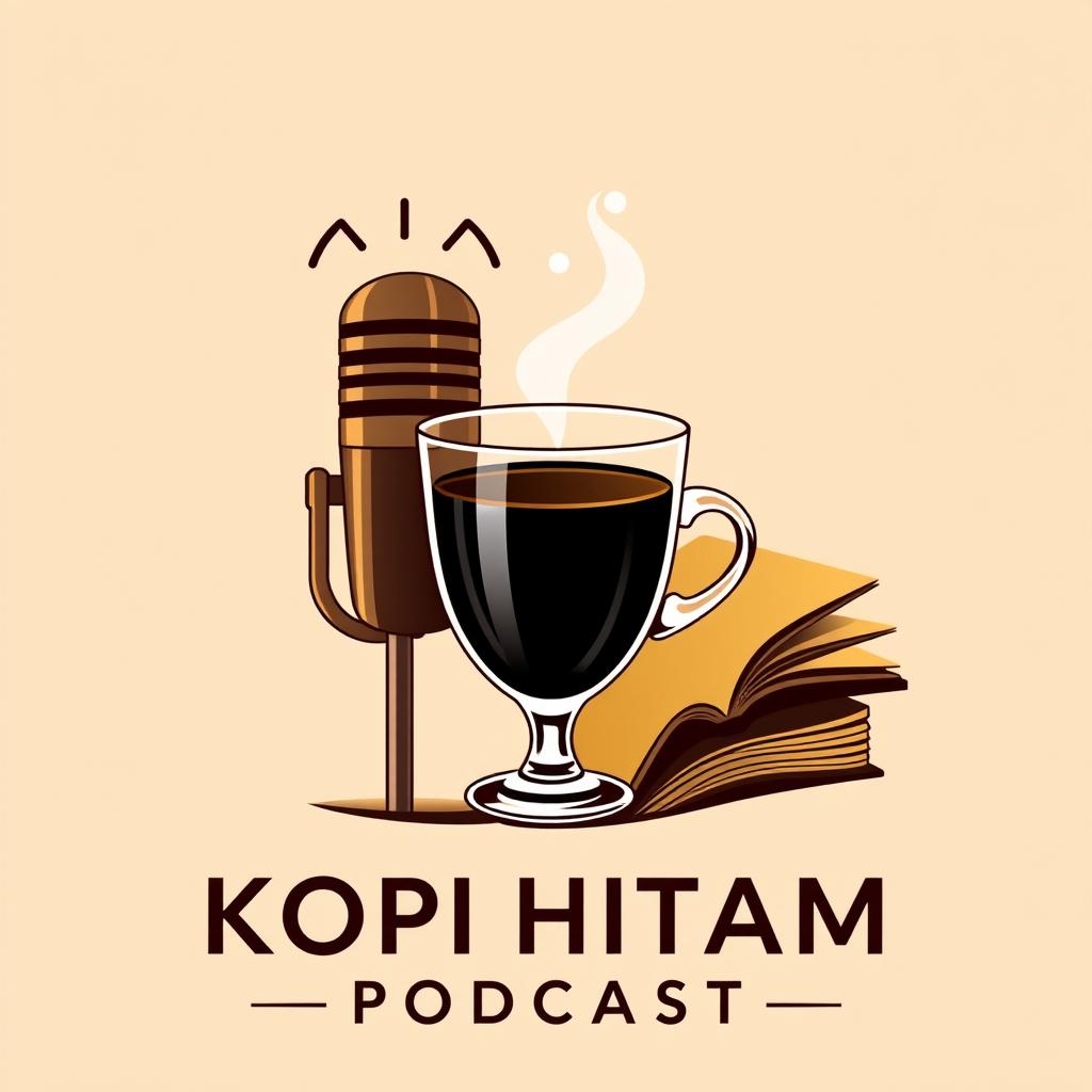 A modern and eye-catching logo that combines a microphone, a steaming glass, and a book creatively integrated together with the title 'KOPI HITAM PODCAST'