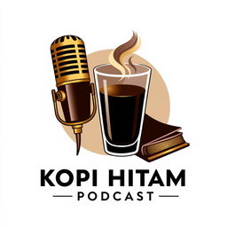 A modern and eye-catching logo that combines a microphone, a steaming glass, and a book creatively integrated together with the title 'KOPI HITAM PODCAST'