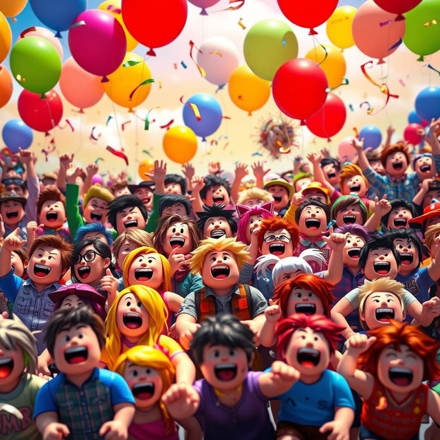 A vibrant scene filled with thousands of colorful Roblox characters, each expressing joy and excitement