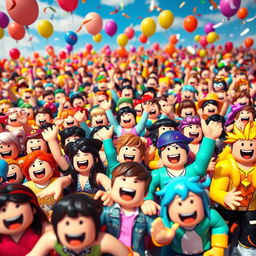 A vibrant scene filled with thousands of colorful Roblox characters, each expressing joy and excitement