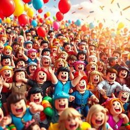 A vibrant scene filled with thousands of colorful Roblox characters, each expressing joy and excitement