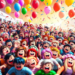 A vibrant scene filled with thousands of colorful Roblox characters, each expressing joy and excitement