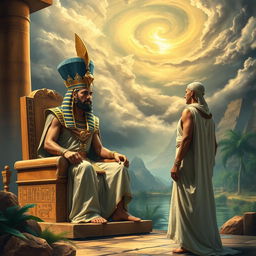 A dramatic scene depicting the encounter between Pharaoh and Moses in ancient Egypt