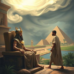 A dramatic scene depicting the encounter between Pharaoh and Moses in ancient Egypt