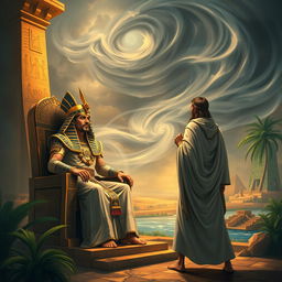 A dramatic scene depicting the encounter between Pharaoh and Moses in ancient Egypt