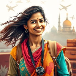 A stunning, realistic portrait of a young Indian woman who embodies the spirit of travel, showcasing her vibrant personality and love for exploration