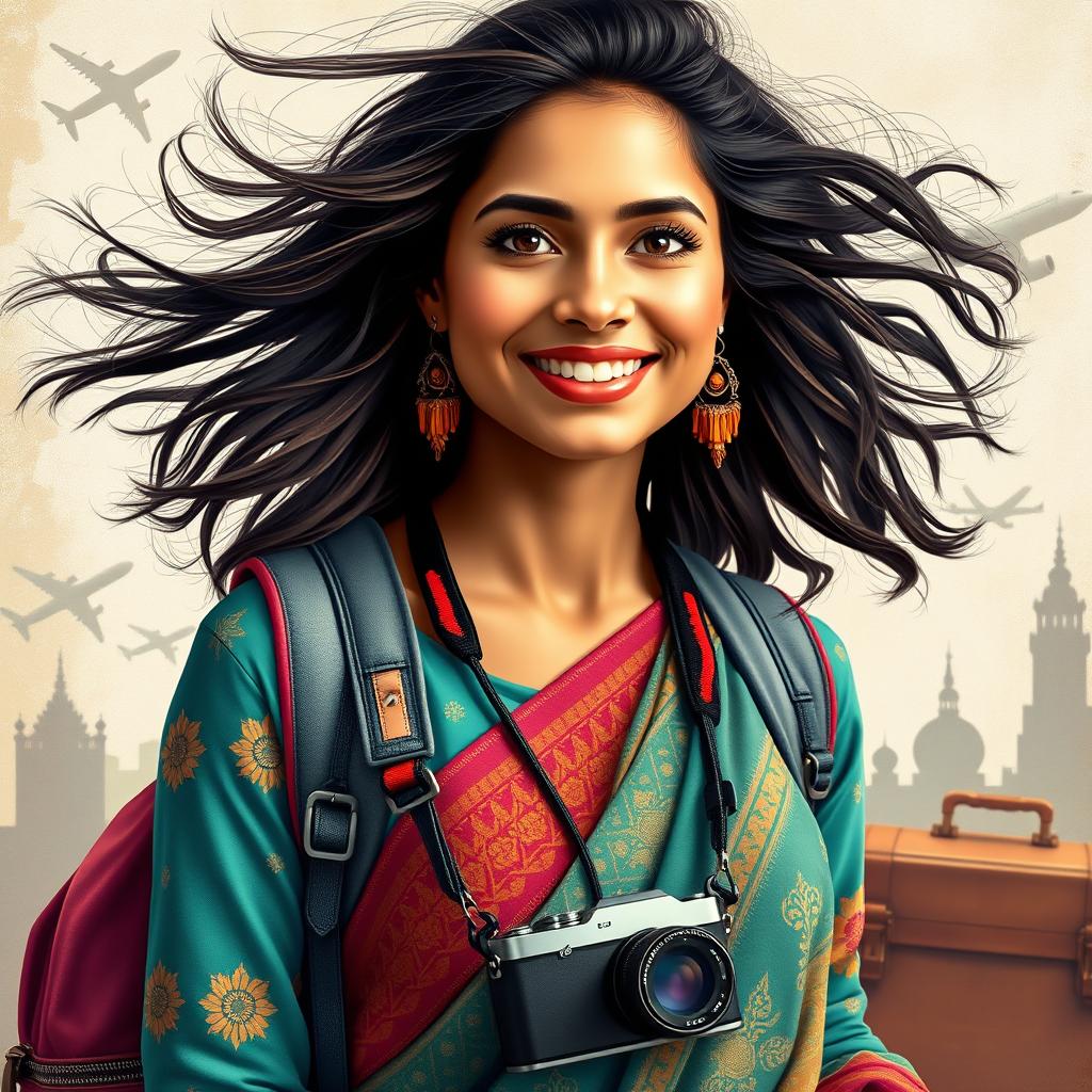 A stunning, realistic portrait of a young Indian woman who embodies the spirit of travel, showcasing her vibrant personality and love for exploration