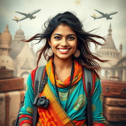 A stunning, realistic portrait of a young Indian woman who embodies the spirit of travel, showcasing her vibrant personality and love for exploration
