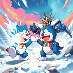An epic scene of Doraemon, the robotic blue cat, engaging in a fierce battle with the Penguin King