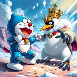 An epic scene of Doraemon, the robotic blue cat, engaging in a fierce battle with the Penguin King