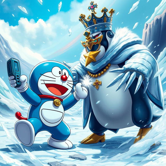 An epic scene of Doraemon, the robotic blue cat, engaging in a fierce battle with the Penguin King