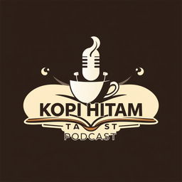 A modern, unique, and iconic logo design featuring a microphone, a steaming cup, and a book creatively combined