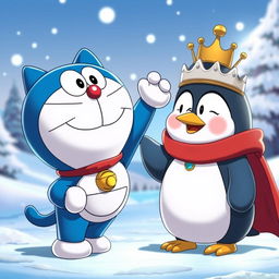 An animated scene featuring Doraemon, the robotic cat, playfully hitting a cartoonish penguin king