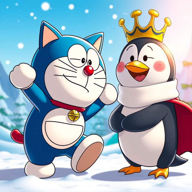 An animated scene featuring Doraemon, the robotic cat, playfully hitting a cartoonish penguin king