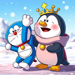 An animated scene featuring Doraemon, the robotic cat, playfully hitting a cartoonish penguin king