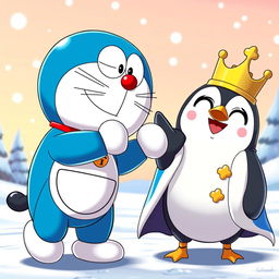 An animated scene featuring Doraemon, the robotic cat, playfully hitting a cartoonish penguin king