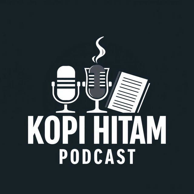 A modern and iconic logo design that combines a microphone, a steaming glass, and a book, representing the theme of a podcast