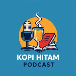 A modern and iconic logo design that combines a microphone, a steaming glass, and a book, representing the theme of a podcast