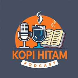 A modern and iconic logo design that combines a microphone, a steaming glass, and a book, representing the theme of a podcast