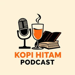 A modern and iconic logo design that combines a microphone, a steaming glass, and a book, representing the theme of a podcast