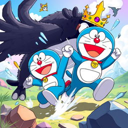 Doraemon, the beloved robotic cat from the future, heroically battling the evil Penguin King in a colorful, dynamic scene