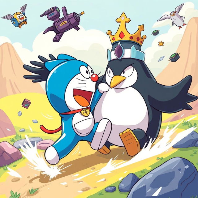 Doraemon, the beloved robotic cat from the future, heroically battling the evil Penguin King in a colorful, dynamic scene