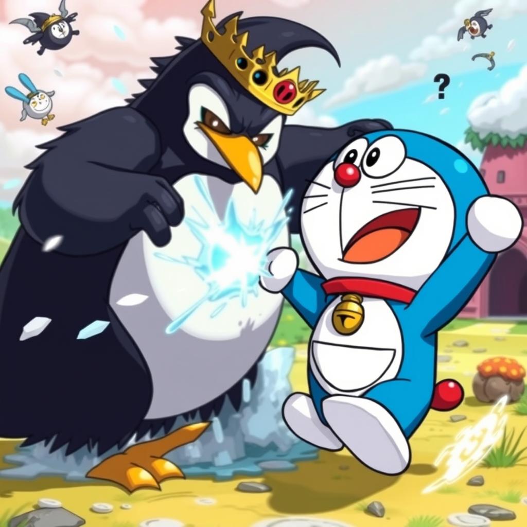 Doraemon, the beloved robotic cat from the future, heroically battling the evil Penguin King in a colorful, dynamic scene