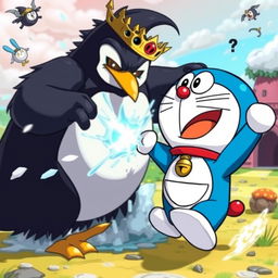 Doraemon, the beloved robotic cat from the future, heroically battling the evil Penguin King in a colorful, dynamic scene