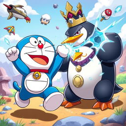 Doraemon, the beloved robotic cat from the future, heroically battling the evil Penguin King in a colorful, dynamic scene
