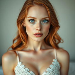 A stunning 37-year-old woman, tall and slender, with long, wavy copper-red hair that cascades down to her mid-back