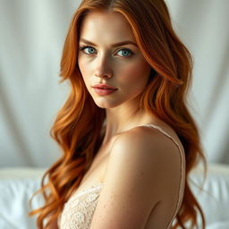 A stunning 37-year-old woman, tall and slender, with long, wavy copper-red hair that cascades down to her mid-back