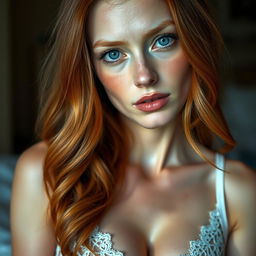A stunning 37-year-old woman, tall and slender, with long, wavy copper-red hair that cascades down to her mid-back