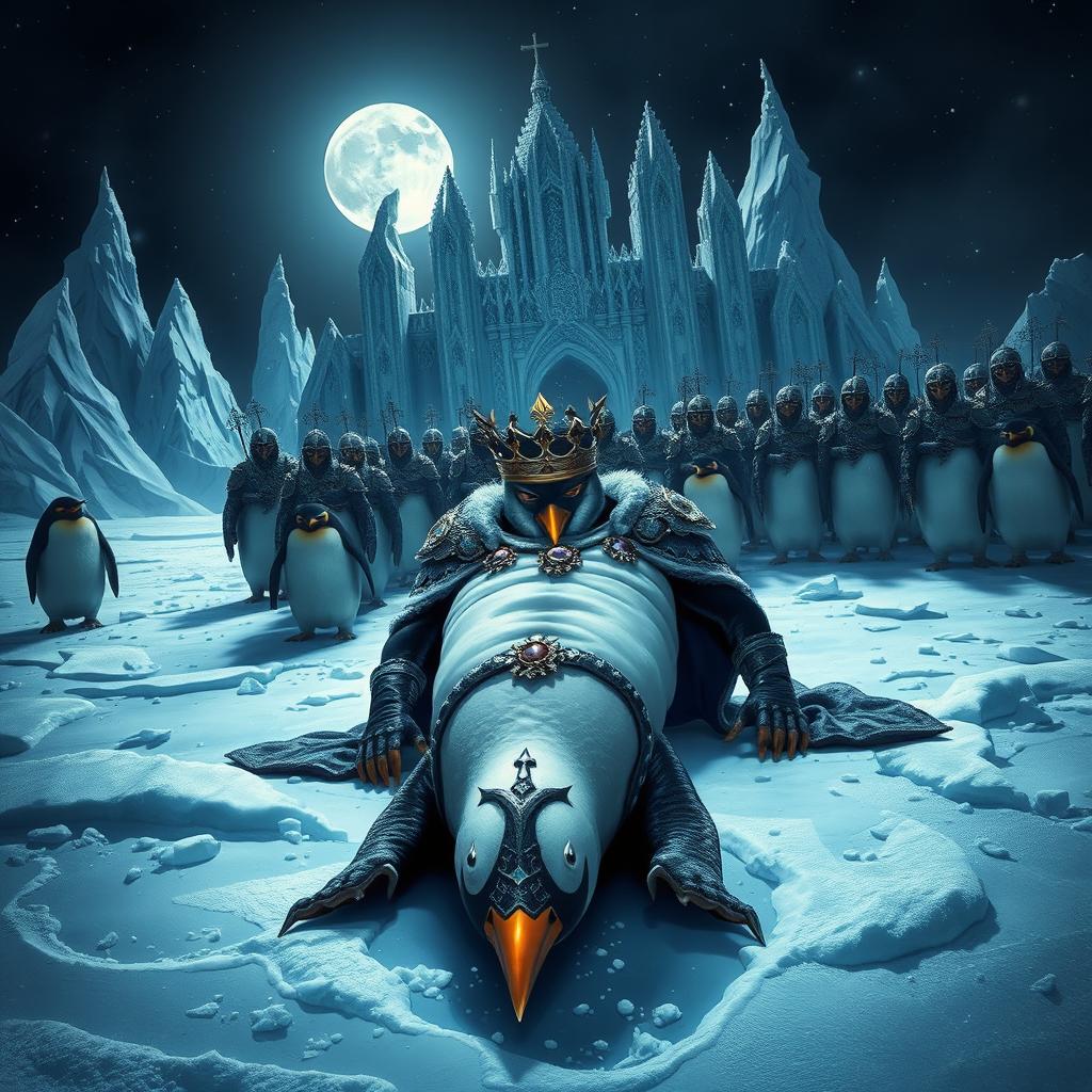 A dramatic scene depicting the evil Penguin King defeated, lying on the icy ground of a winter landscape