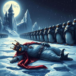 A dramatic scene depicting the evil Penguin King defeated, lying on the icy ground of a winter landscape