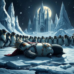 A dramatic scene depicting the evil Penguin King defeated, lying on the icy ground of a winter landscape