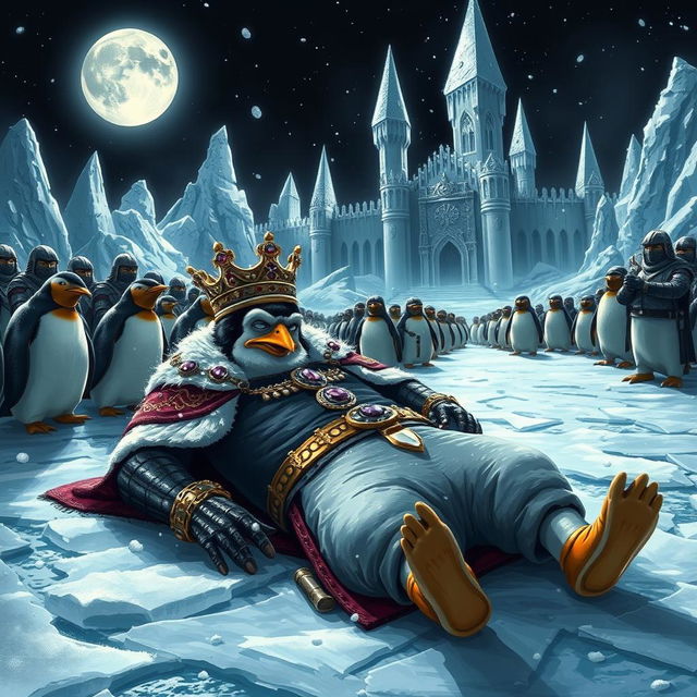 A dramatic scene depicting the evil Penguin King defeated, lying on the icy ground of a winter landscape