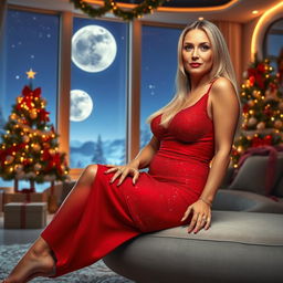 A full-body image of a beautiful mature woman, 50 years old, with Venezuelan features, wearing a very short, sexy, and fitted red dress adorned with glitter