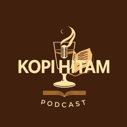 A modern, iconic, and elegant logo design that combines an image of a microphone, a steaming glass, and a book
