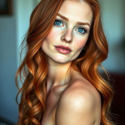 A 37-year-old woman, tall and slender, with long, wavy copper-red hair cascading to her mid-back