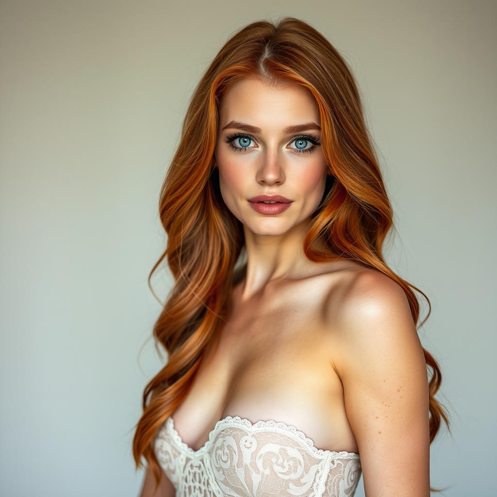 A 37-year-old woman, tall and slender, with long, wavy copper-red hair cascading to her mid-back