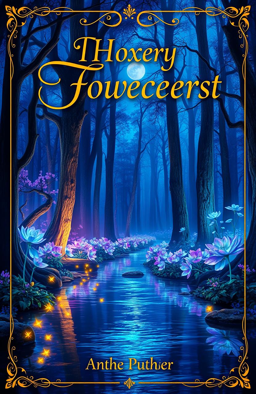 A stunning A3 size book cover featuring an enchanting mystical forest with vibrant colors