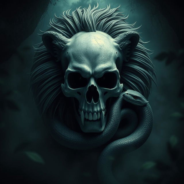 A striking and dramatic composition that features a skull, a lion, and a snake intertwined in a dark and mystical atmosphere