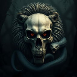 A striking and dramatic composition that features a skull, a lion, and a snake intertwined in a dark and mystical atmosphere