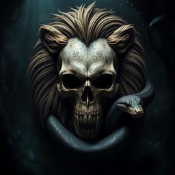 A striking and dramatic composition that features a skull, a lion, and a snake intertwined in a dark and mystical atmosphere