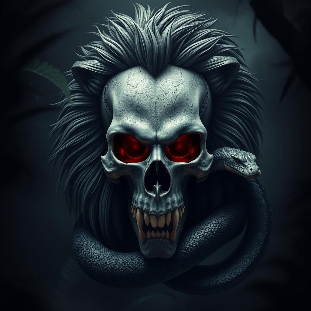 A striking and dramatic composition that features a skull, a lion, and a snake intertwined in a dark and mystical atmosphere