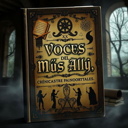 A captivating book cover design for a paranormal investigation theme, featuring intricate elements such as ancient documents, ghostly silhouettes, and mysterious symbols