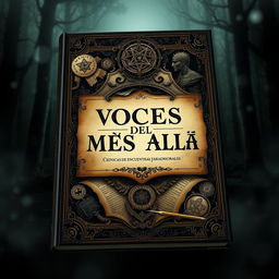A captivating book cover design for a paranormal investigation theme, featuring intricate elements such as ancient documents, ghostly silhouettes, and mysterious symbols