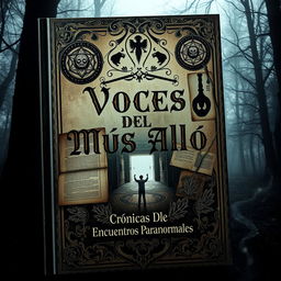 A captivating book cover design for a paranormal investigation theme, featuring intricate elements such as ancient documents, ghostly silhouettes, and mysterious symbols
