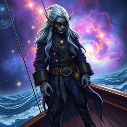A masked male astral elf pirate, standing on the deck of a fantastical ship sailing through a cosmic nebula