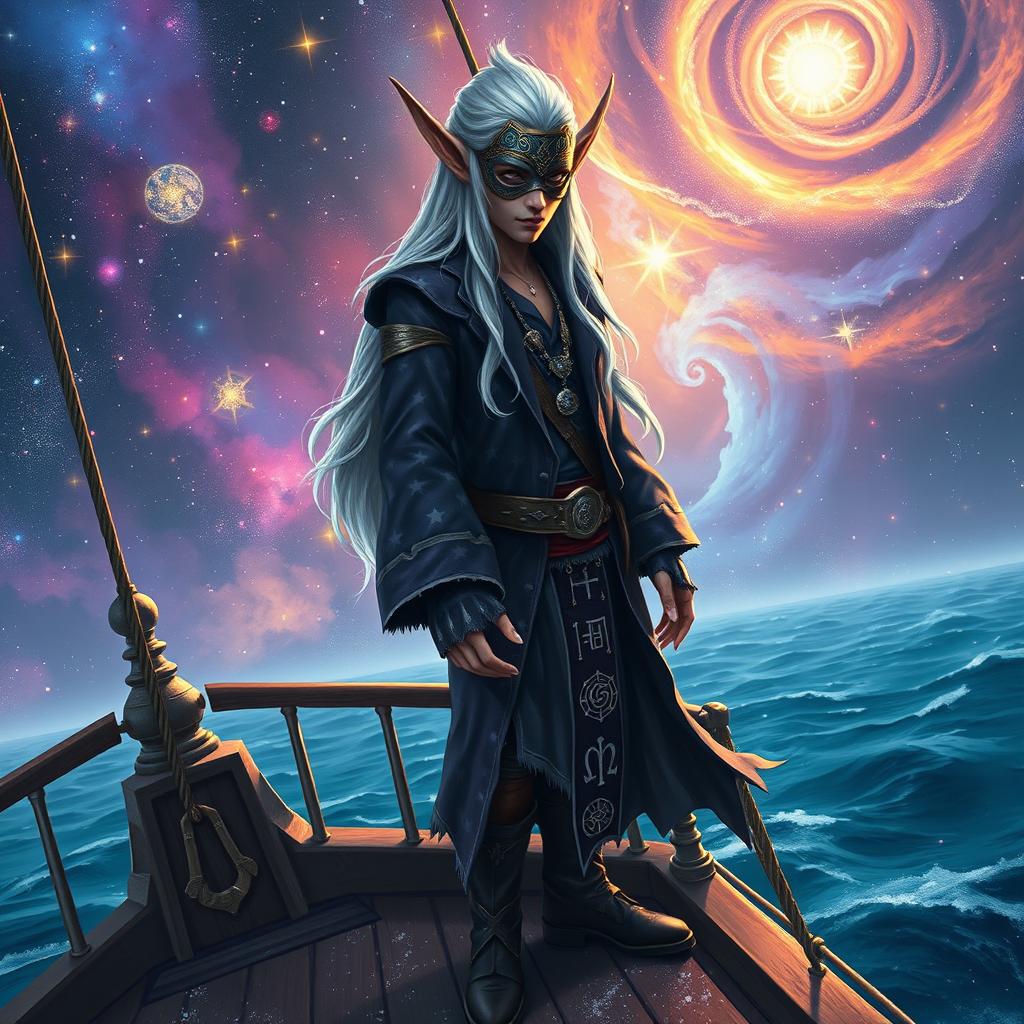 A masked male astral elf pirate, standing on the deck of a fantastical ship sailing through a cosmic nebula